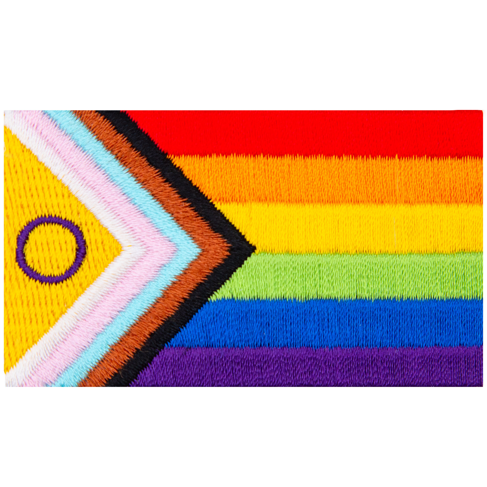 The progress pride flag is displayed with its rainbow of colours and arrow-shaped lines.