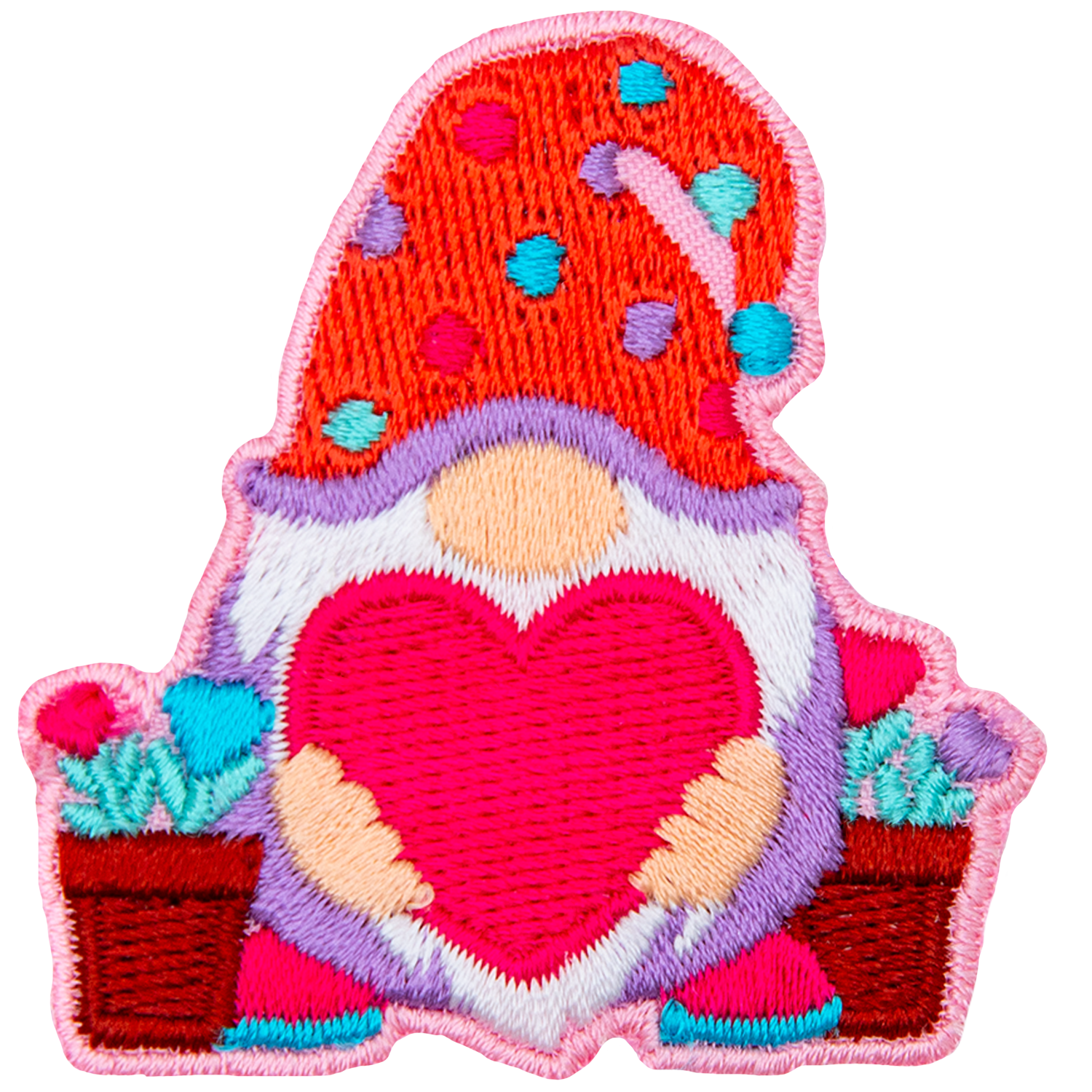 A gnome holds a big heart, and potted heart flowers stand to either side of him.