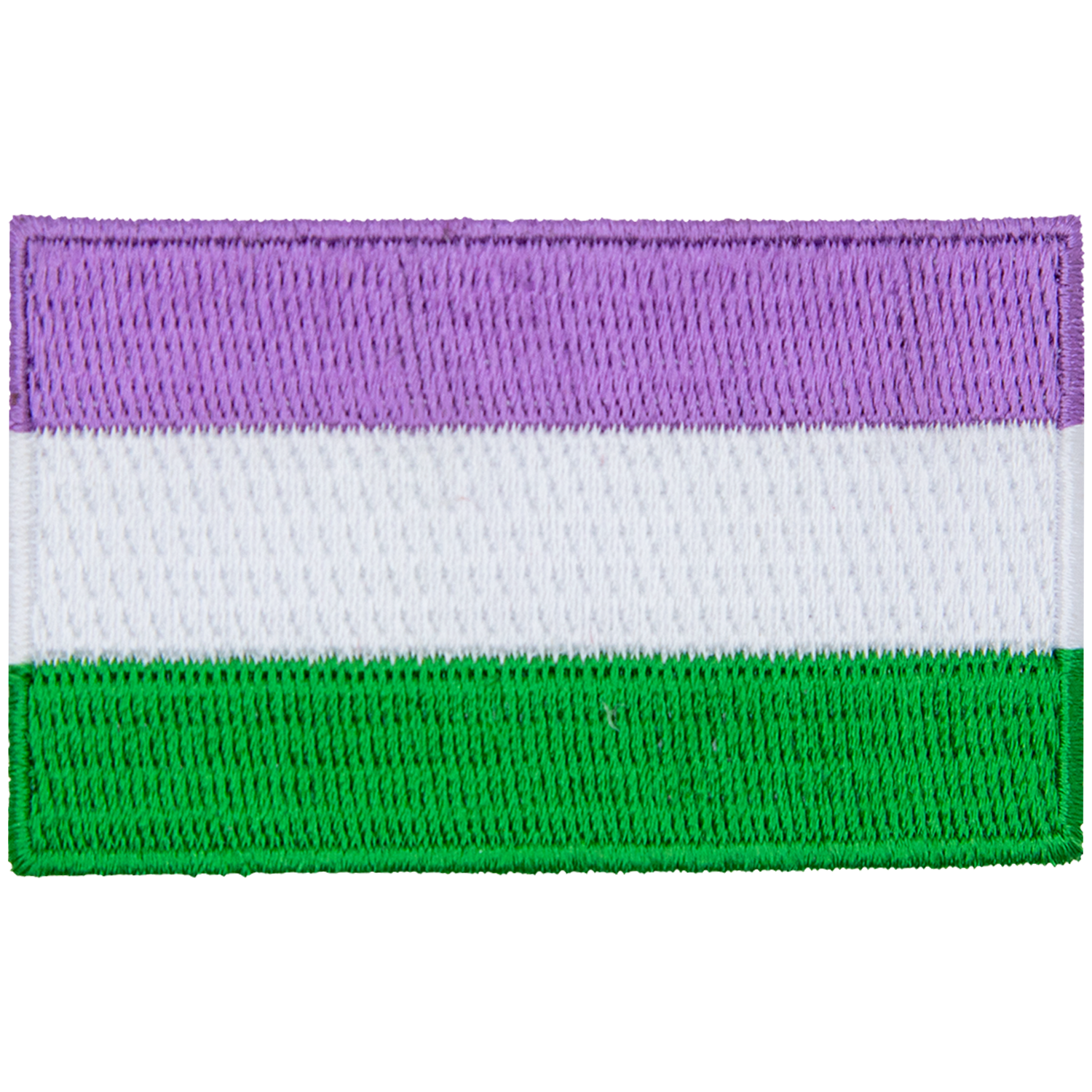 The genderqueer pride flag displays lavender, white, and chartreuse horizontal stripes.