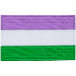 The genderqueer pride flag displays lavender, white, and chartreuse horizontal stripes.