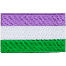 The genderqueer pride flag displays lavender, white, and chartreuse horizontal stripes.