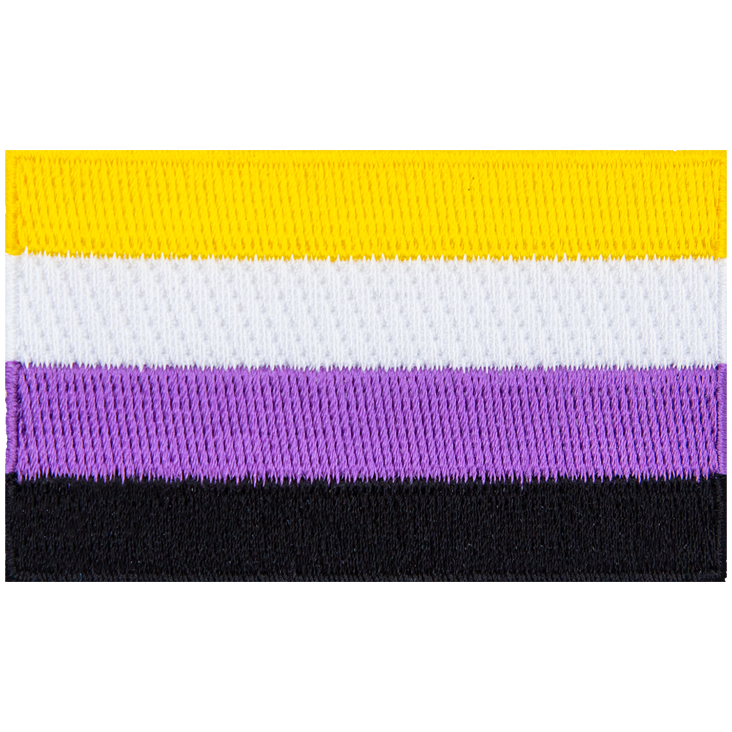 The nonbinary pride flag displays yellow, white, lavender, and black horizontal stripes.