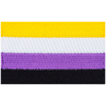 The nonbinary pride flag displays yellow, white, lavender, and black horizontal stripes.