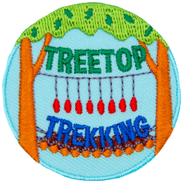 A log bridge and dangling hand-hold rings spans the distance between two trees on this circular Treetop Trekking patch.