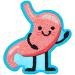 A stomach with a kawaii face gives a friendly wave.