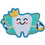 A happy fairy-winged tooth wears a crown and holds both a star wand and a basket full of teeth.