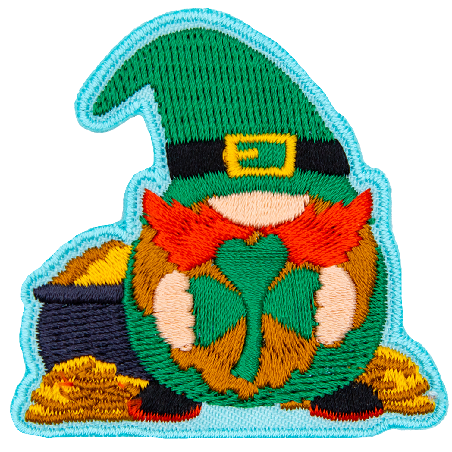 A gnome leprechaun holds a shamrock and stands in front of a pot of gold.