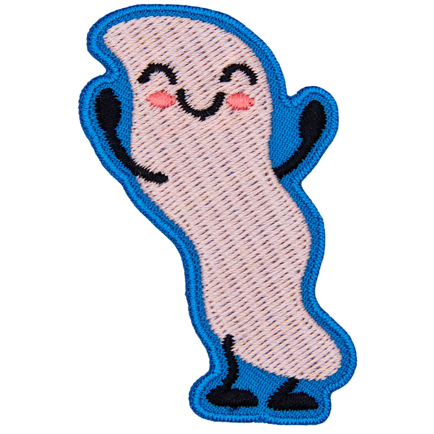 This kawaii appendix is raising its hands in the air. Its border is blue.