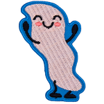 This kawaii appendix is raising its hands in the air. Its border is blue.