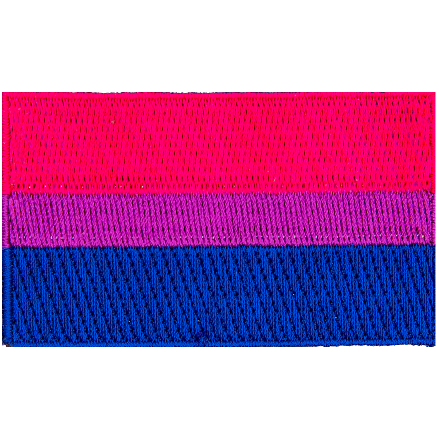 The bisexual pride flag displays 3 horizontal stripes: a wide pink, a thin purple, and a wide blue.