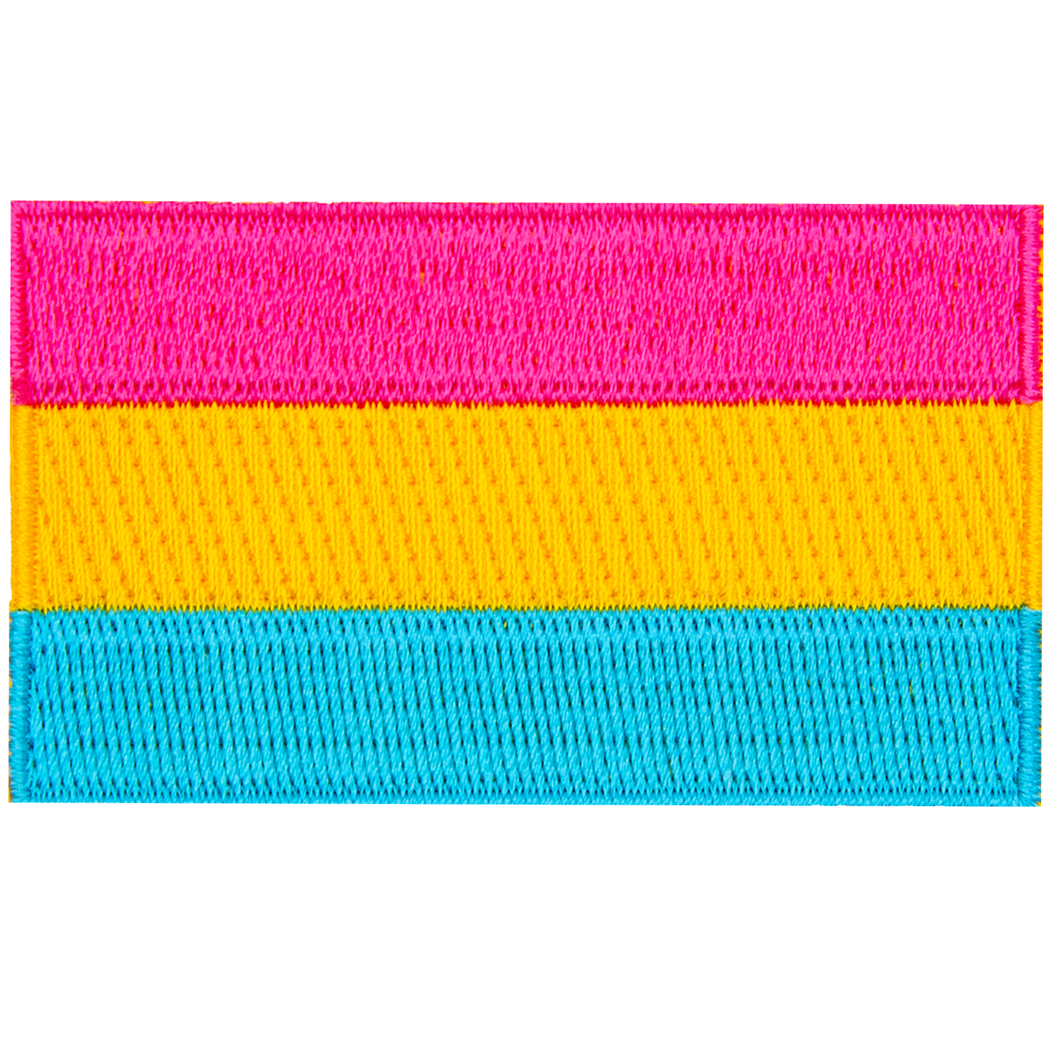 The pansexual pride flag displays 3 thick horizontal stripes of pink, yellow, and blue.