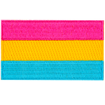 The pansexual pride flag displays 3 thick horizontal stripes of pink, yellow, and blue.