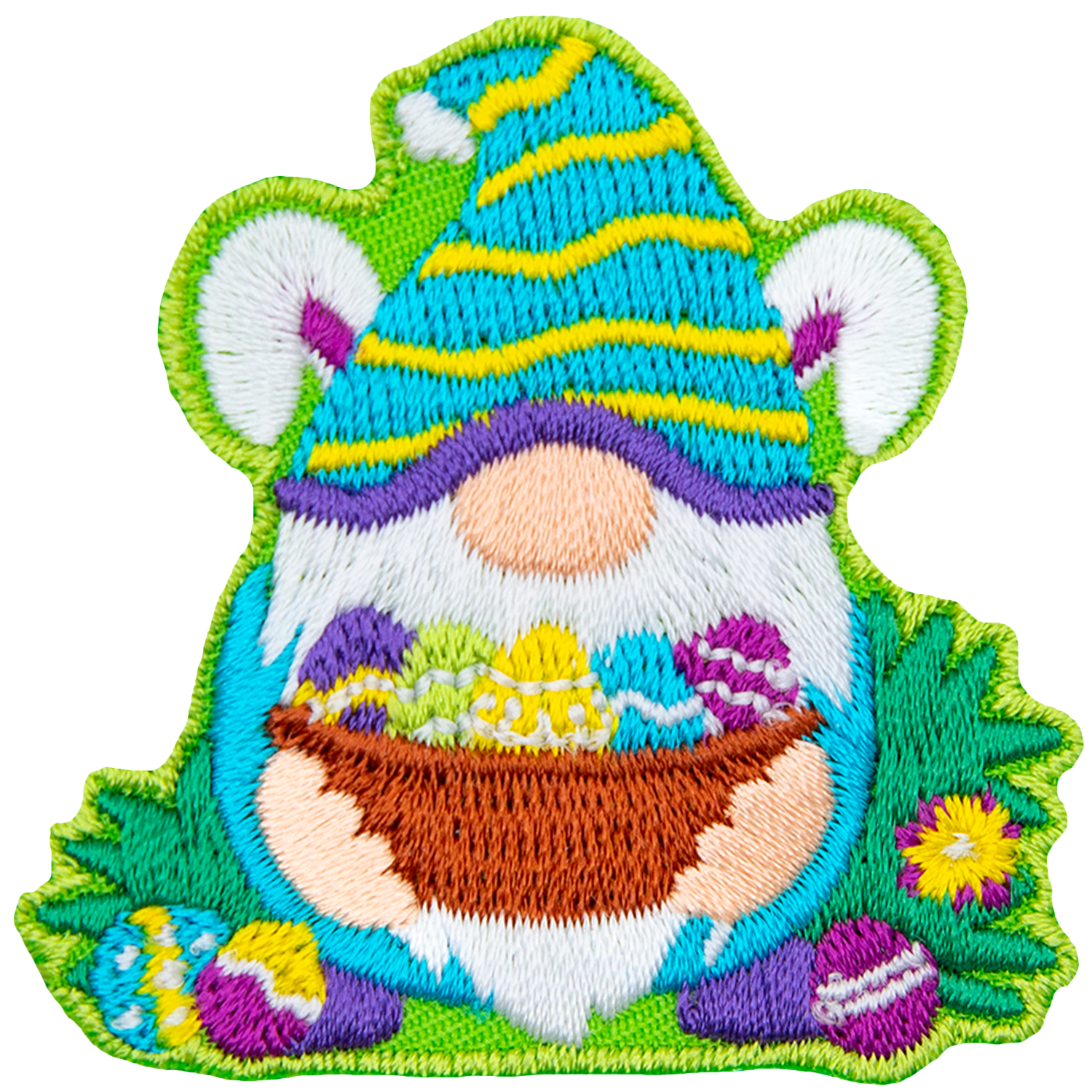 This bunny-ear-wearing gnome holds a basket full of painted eggs to show that he is ready for Easter.