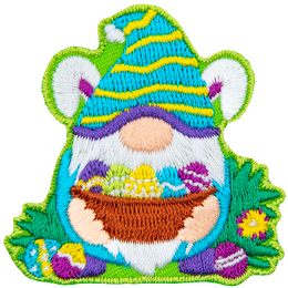 This bunny-ear-wearing gnome holds a basket full of painted eggs to show that he is ready for Easter.