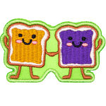 Two pieces of toast with peanut butter and jelly holding hands with kawaii faces.