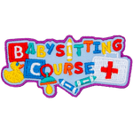 The words Babysitting Course are surrounded by toys and a first aid kit.