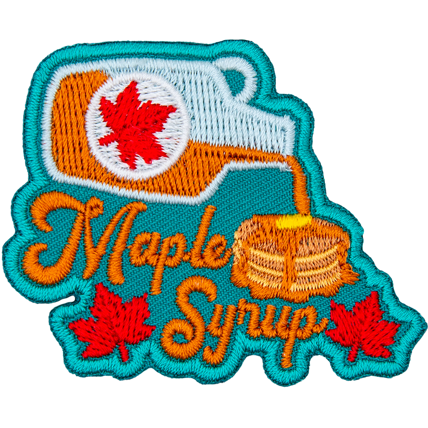 A bottle of syrup above the words Maple Syrup pours onto a pancake stack.