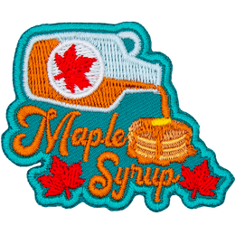 A bottle of syrup above the words Maple Syrup pours onto a pancake stack.