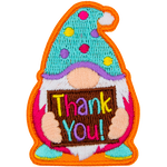 Cartoon gnome wearing a polka dot hat holding a brown sign with coloured letters that read Thank You!
