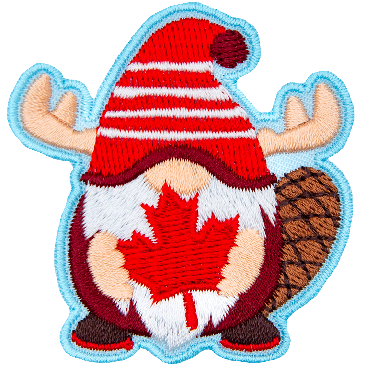 This antlered beaver-tailed gnome is wearing a red shirt and shoes and holding a red maple leaf.