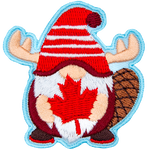 This antlered beaver-tailed gnome is wearing a red shirt and shoes and holding a red maple leaf.