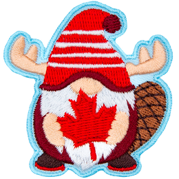This antlered beaver-tailed gnome is wearing a red shirt and shoes and holding a red maple leaf.