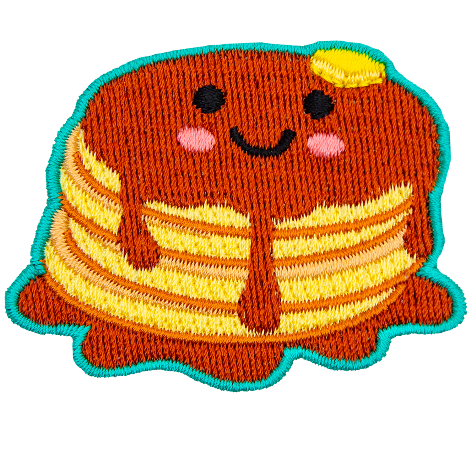 A stack of syrup-covered pancakes with a kawaii face.