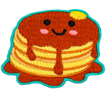 A stack of syrup-covered pancakes with a kawaii face.