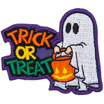 A ghost holds a jack-o-lantern treat basket next to the words Trick Or Treat.