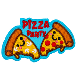 Two slices of pizza with smiling faces face each other. One has mushrooms on it, and the other has pepperoni. The words Pizza Party are between them.