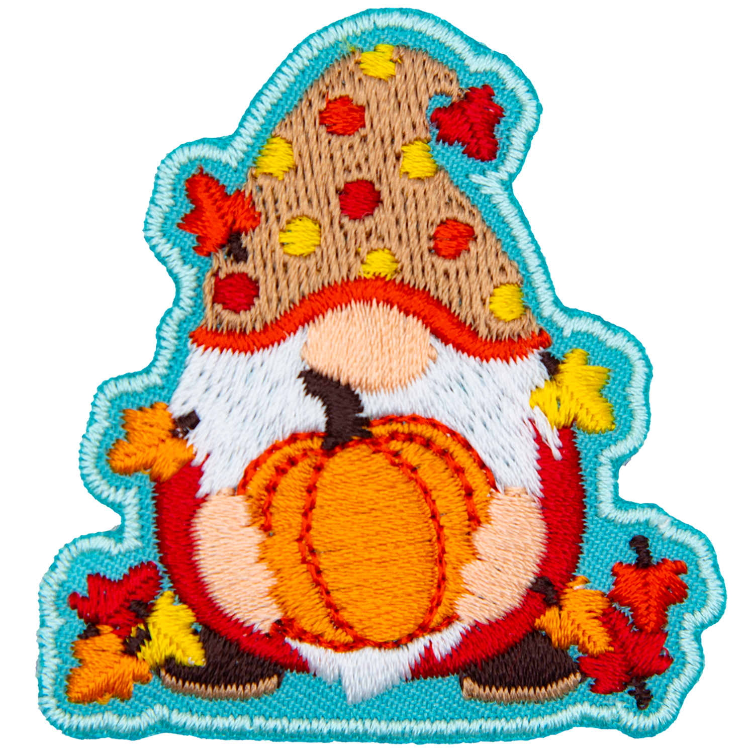 A gnome holds a ripe pumpkin. The gnome is covered in leaves and wears a red and yellow polka-dotted hat.