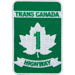 This patch resembles a road sign. A white maple leaf sits in between the words Trans Canada Highway. The number 1 is inside the leaf.