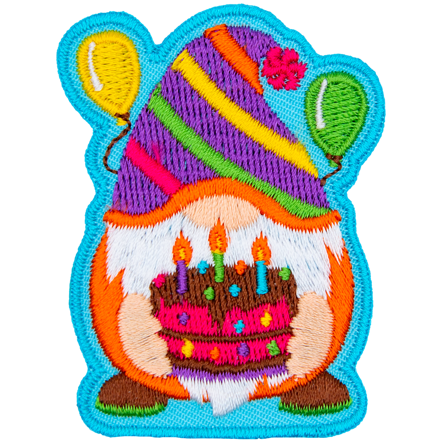 A gnome with a striped hat holds a chocolate cake.