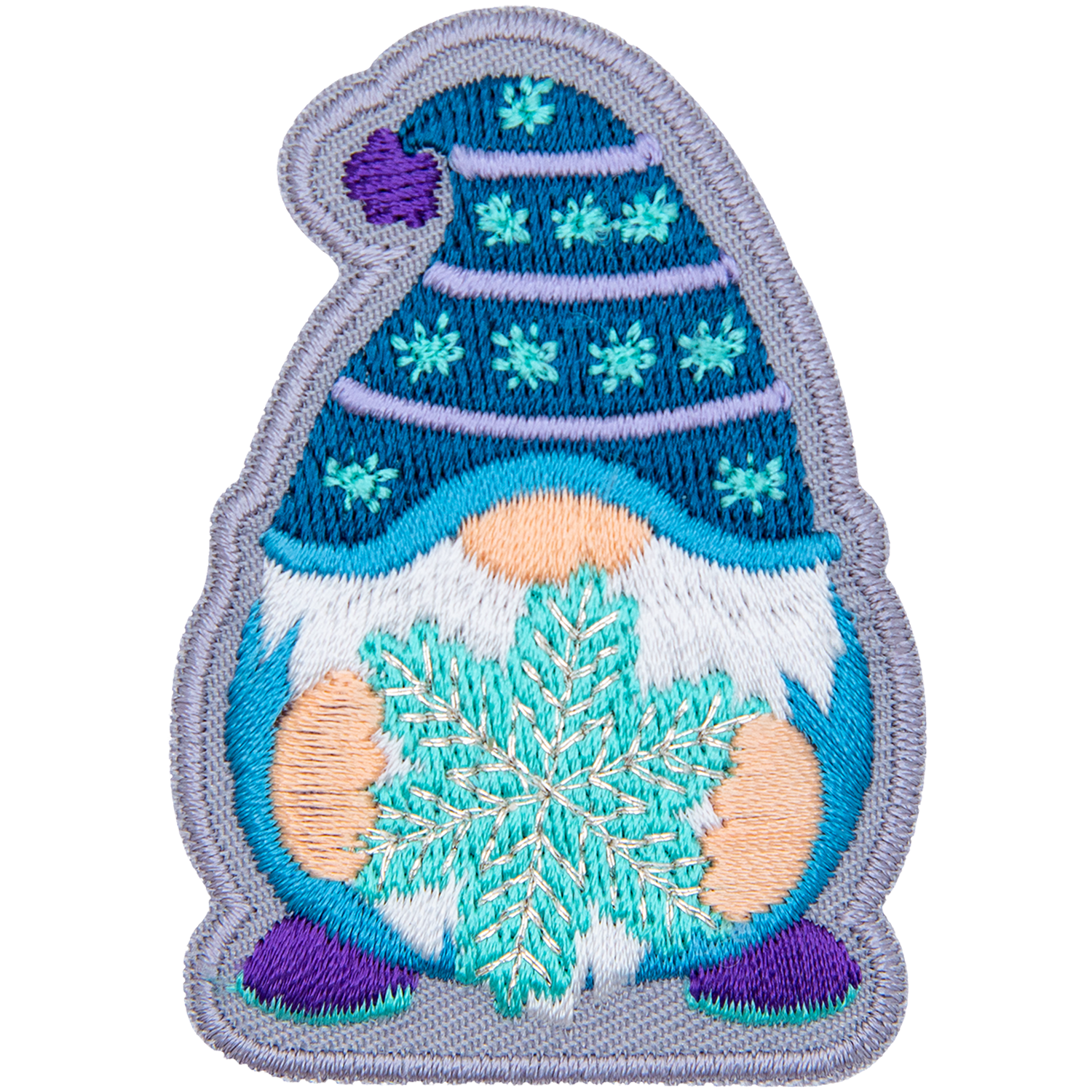 A gnome wearing a blue toque holding a snowflake.