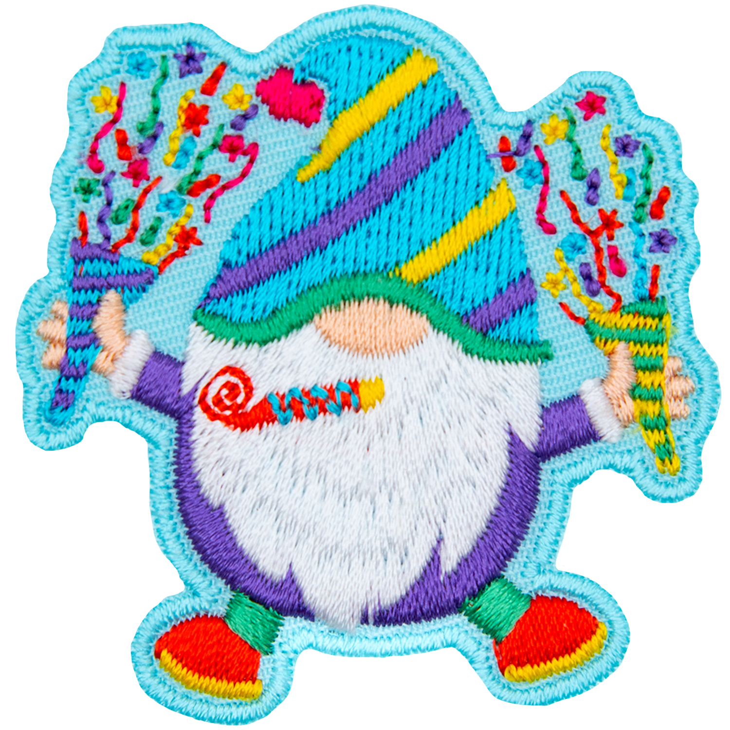 A gnome with a purple, yellow and blue striped hat holds two confetti cones.