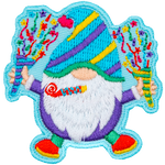 A gnome with a purple, yellow and blue striped hat holds two confetti cones.