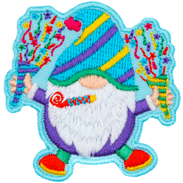 A gnome with a purple, yellow and blue striped hat holds two confetti cones.