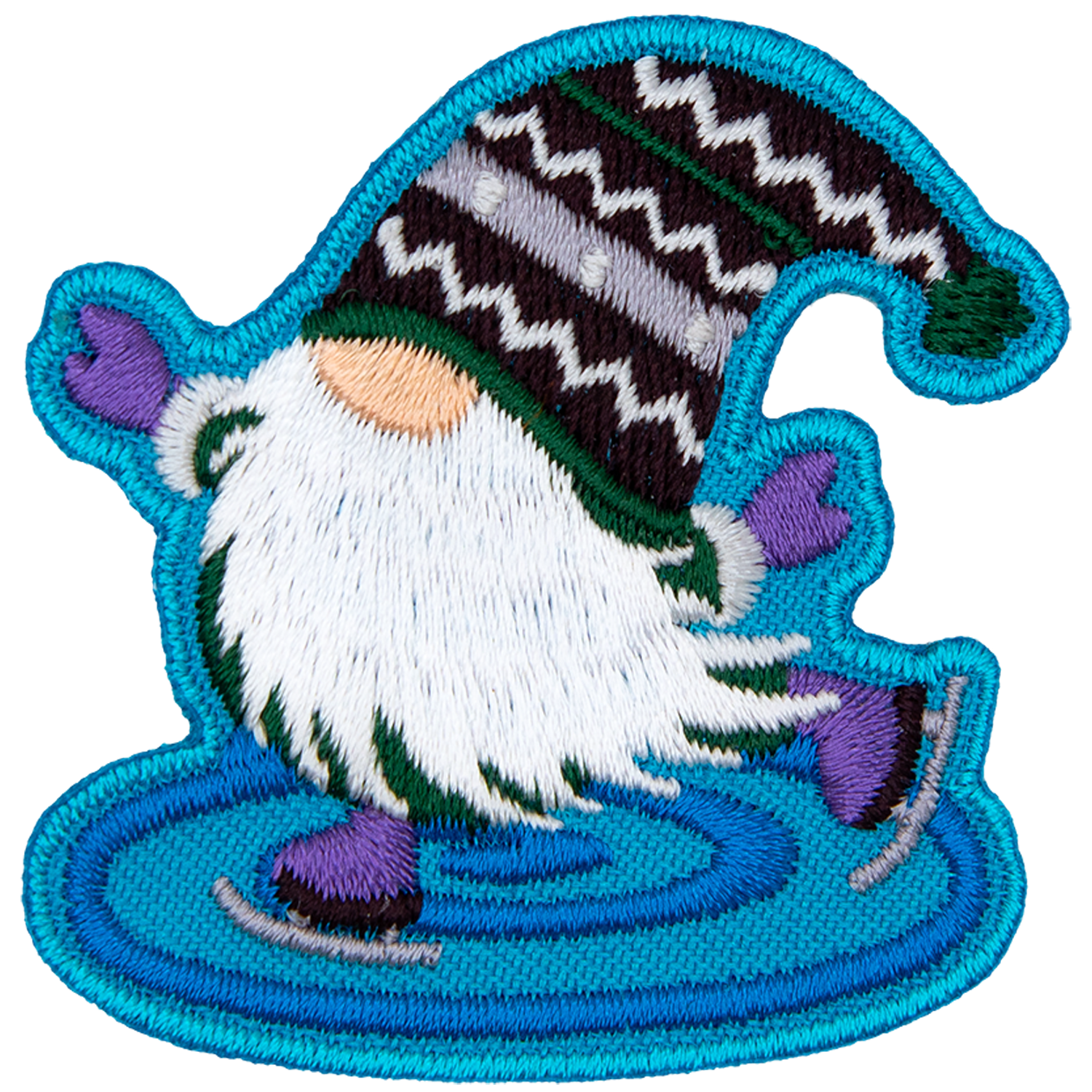 A gnome with a purple hat is skating on the ice.