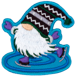 A gnome with a purple hat is skating on the ice.