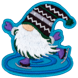 A gnome with a purple hat is skating on the ice.