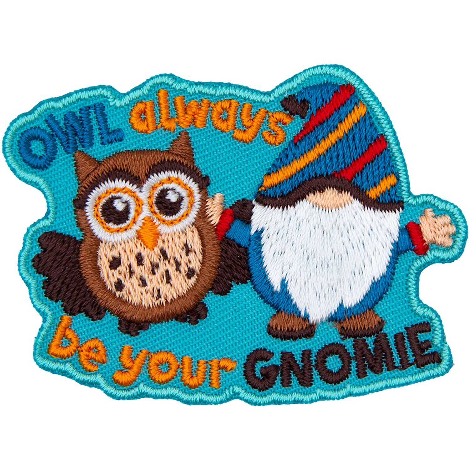 A blue gnome and a brown owl have their arms around each other. The words Owl Always Be Your Gnomie are around them.