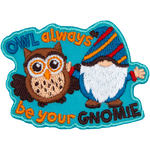 A blue gnome and a brown owl have their arms around each other. The words Owl Always Be Your Gnomie are around them.