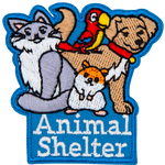 A dog, parrot, cat and hamster are above the words Animal Shelter.