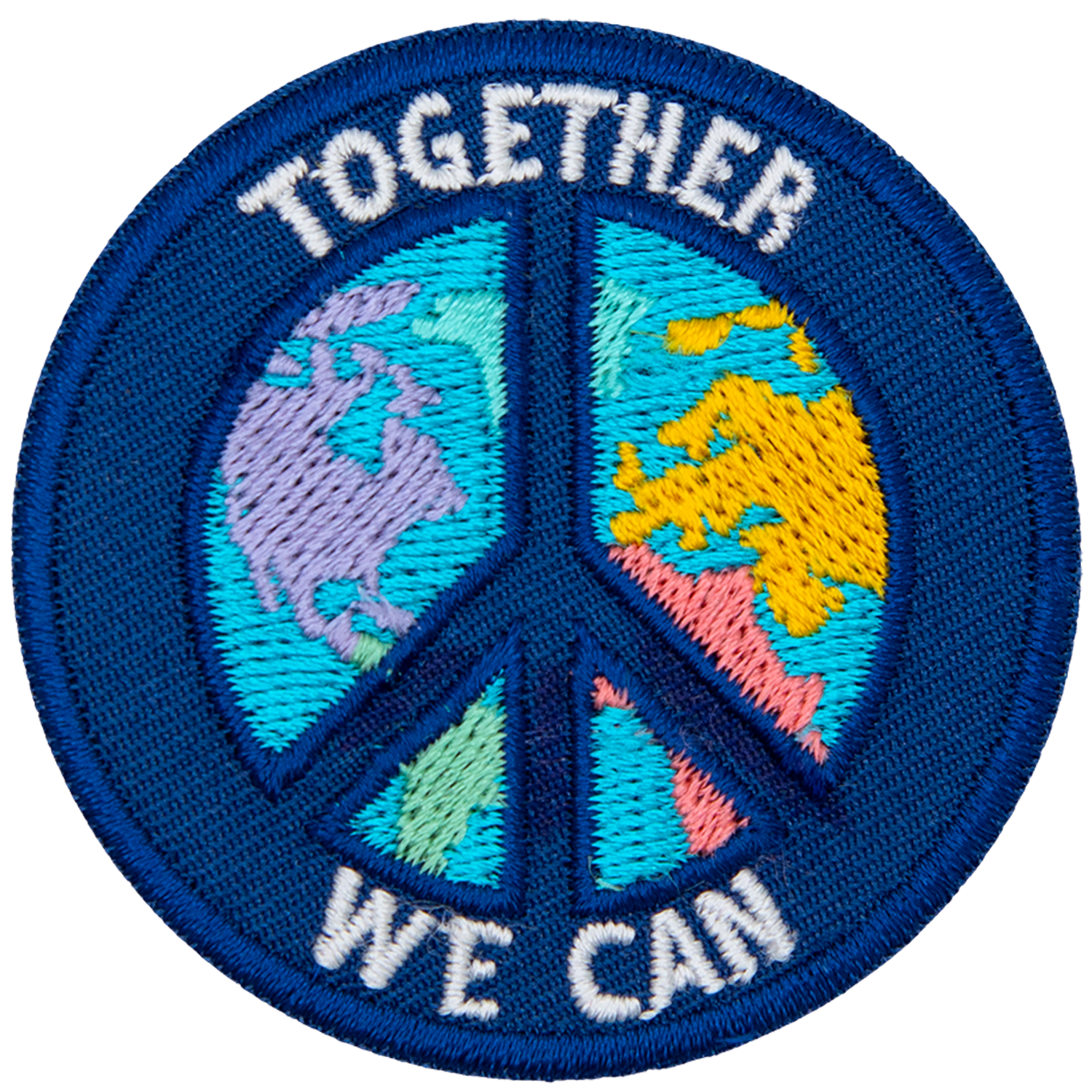 A peace sign is over top the globe. The words Together We Can are on the top and bottom of the peace sign.