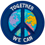 A peace sign is over top the globe. The words Together We Can are on the top and bottom of the peace sign.