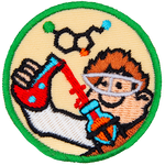 A smiling scientist pours a red liquid into an orange liquid. A molecule is above them.
