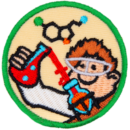 A smiling scientist pours a red liquid into an orange liquid. A molecule is above them.