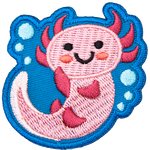 A pink axolotl with a kawaii face.