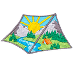 A patch in the shape of a tent with a beautiful mountain landscape inside.