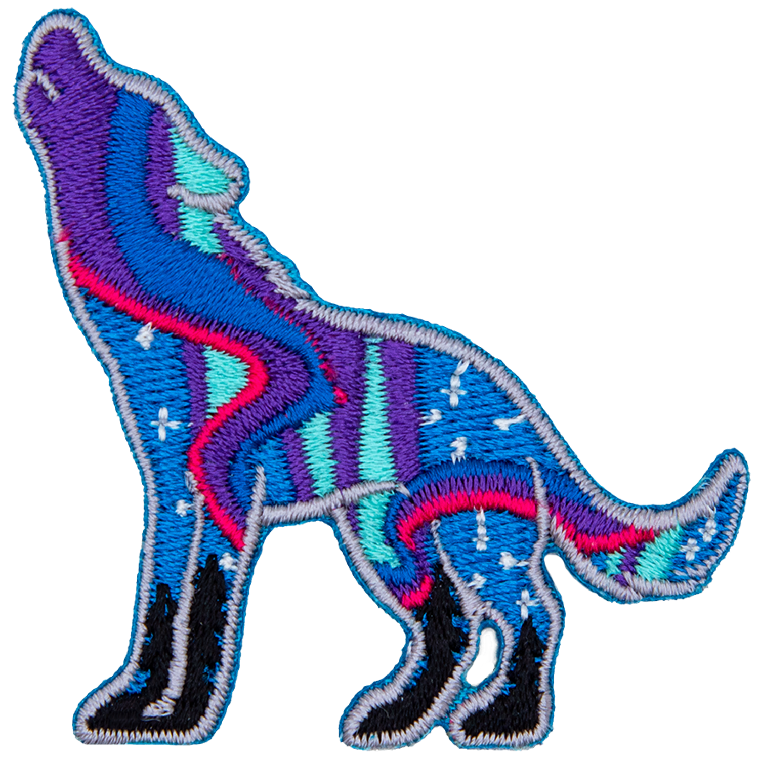 The northern lights are stitched inside the silhouet of a wolf.